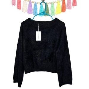 Lover + Friends Black Bell Sleeve Eyelash Pullover Fuzzy Black Sweater Size XXS